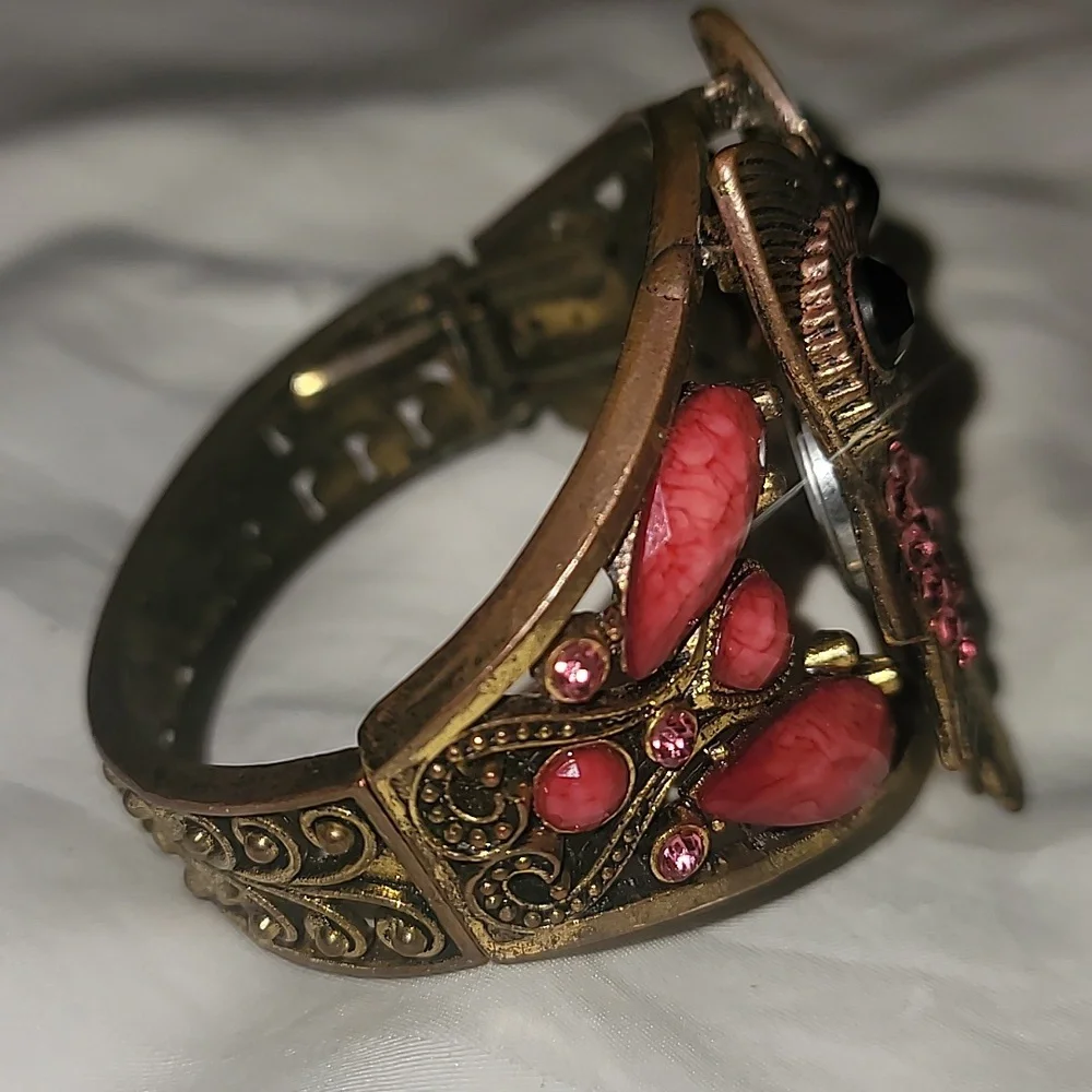 Pink Crystal‎ Owl Bangle Hinged Clamp Watch Bird Raptor Owl Pink Bronze Black